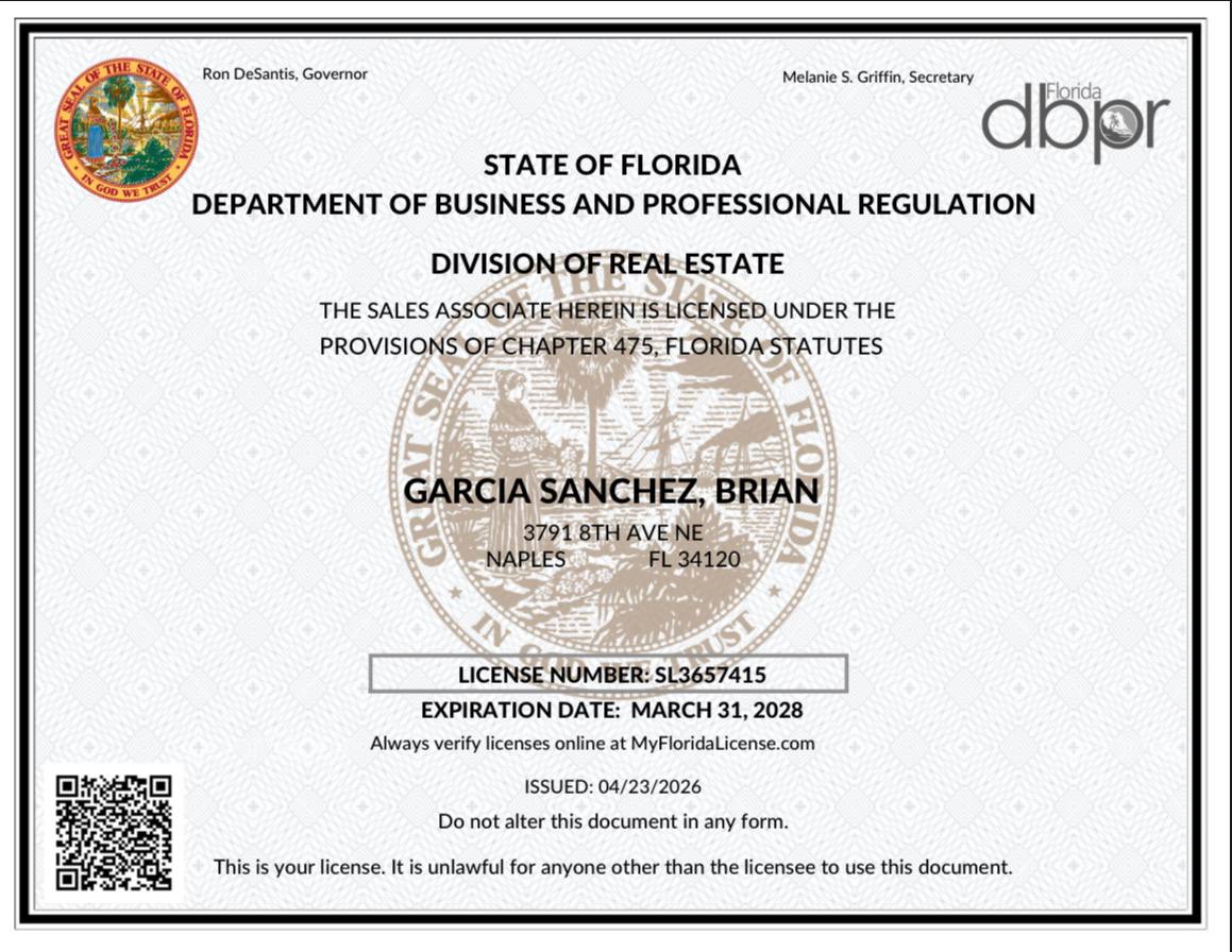 Licencia oficial de Real Estate del estado de Florida emitida a Brian García